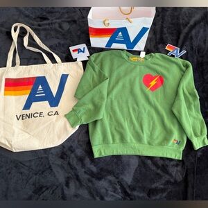 NWT Aviator Nation Bolt Heart Relaxed Crew Sweatshirt Leaf Small